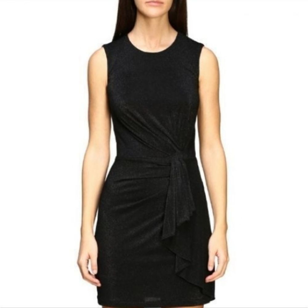 CALVIN KLEIN SLEEVELESS RUFFLE RUCHED HIDDEN ZIPPER CLOSURE CREW NECKLINE DRESS